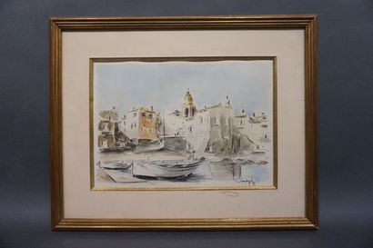 null Ecole XXe: "Vue de Saint Tropez", aquarelle, sbd. 20x28,5 cm