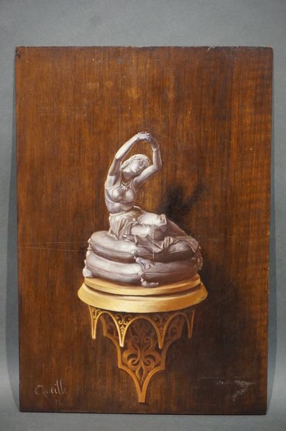 QUEILLE "Statuette orientale", huile sur bois, sbg (rayures). 40x27,5 cm
