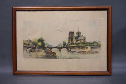 FRANK WILL "La Seine et Notre-Dame", estampe (usures). 30x57 cm