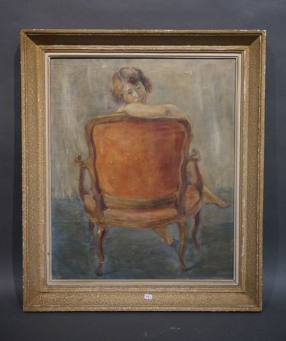 null "Femme au fauteuil rouge", huile sur toile (petits manques). 55x46 cm
