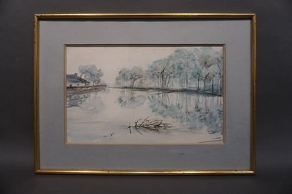 CAILLE "Etang", aquarelle, sbd (mouillures). 23x36 cm
