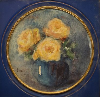 null "Vase aux trois roses", aquarelle ronde, sbg, dans un cadre en bronze. 9,5 ...