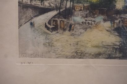 FRANK WILL "La Seine et Notre-Dame", estampe (usures). 30x57 cm