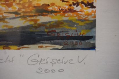 GRISCIVC "Route de village en automne", aquarelle, sbd, daté 2000. 28x41 cm