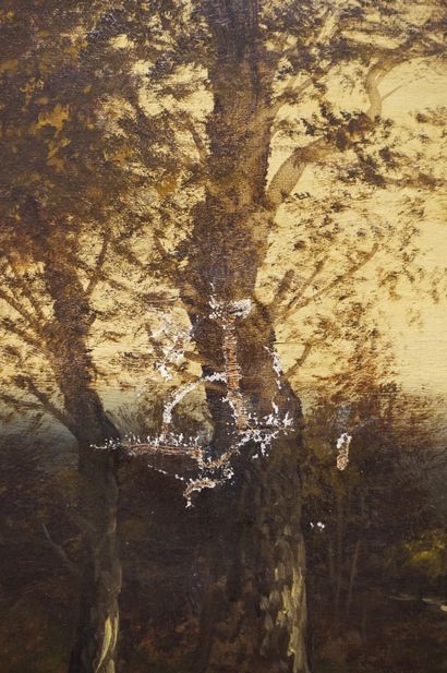 Paul ASTIER "Paysanne au fagot dans un paysage", huile sur toile, sbg (manques, restauration)....