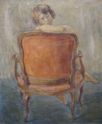 null "Femme au fauteuil rouge", huile sur toile (petits manques). 55x46 cm