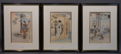null Trois estampes japonaises: "Geishas en extérieur". 32x21,5 cm