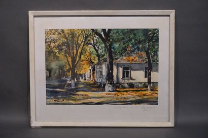 GRISCIVC "Route de village en automne", aquarelle, sbd, daté 2000. 28x41 cm