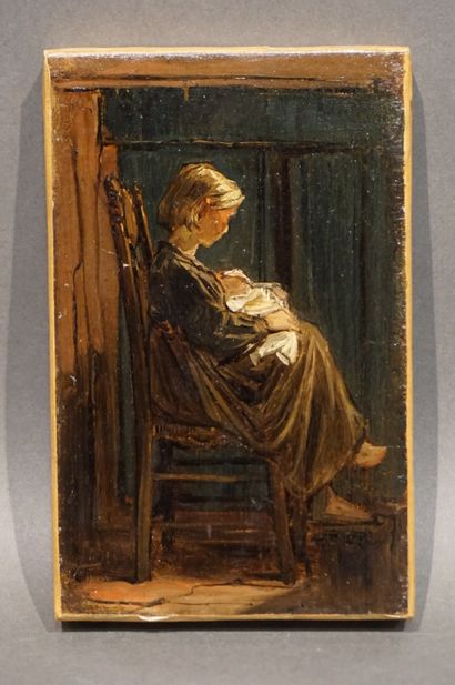 null "Jeune fille à l'enfant", huile sur toile (rentoilé). 17,5x11 cm