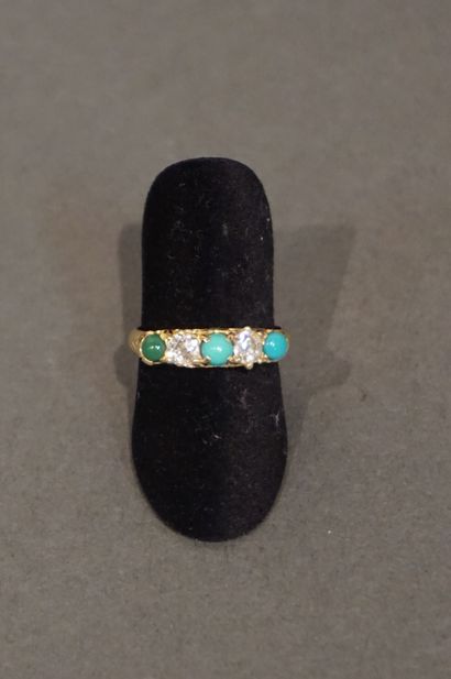 ROWLAND Gold ring set with two diamonds, two turquoises and a jade signed ROWLAND...