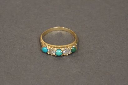 ROWLAND Bague en or sertie de deux diamants, deux turquoises et un jade signée ROWLAND...
