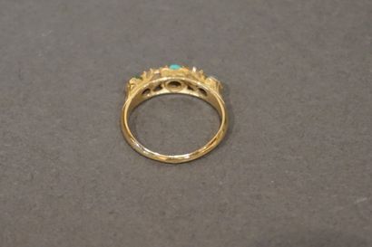 ROWLAND Gold ring set with two diamonds, two turquoises and a jade signed ROWLAND...
