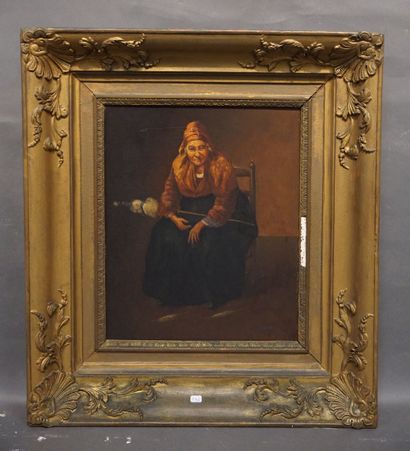 CERMACK "Vieille femme assise ", huile sur bois, sbd. 41x33 cm