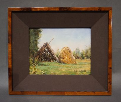 Achille FOULD (1868-?) "Haystack", oil on panel, sbd. 16x20,5 cm
