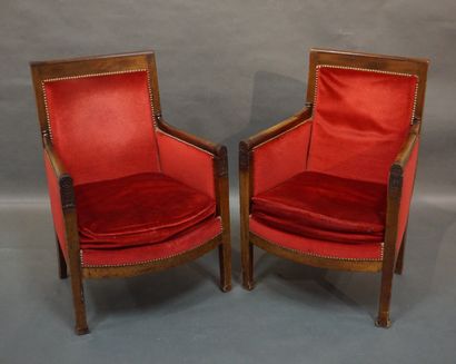 BERGÈRES Pair of bergères in natural wood with red velvet upholstery. 19th century....