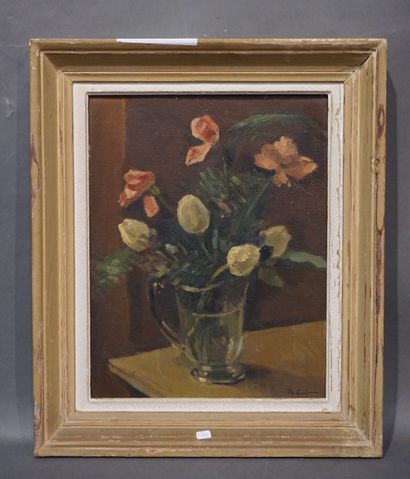 null Ecole XXe: "Bouquet de fleurs", huile sur isorel, sbd (R. Guit ?). 40x32 cm