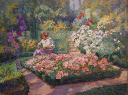 Victor CHARRETON (1864-1936) "Bibi au jardin, juin 1928", huile sur carton, sbd....