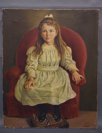 BESSE Late 19th century school: "Young girl sitting in a red armchair", oil on canvas,...