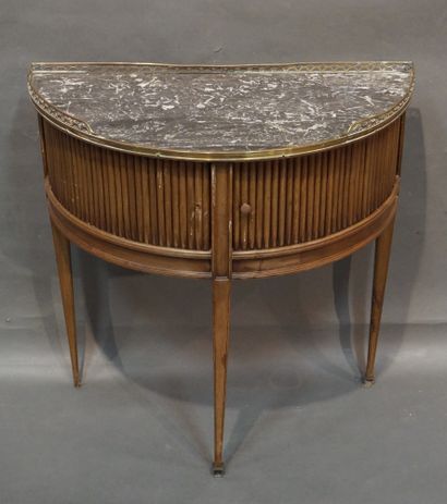 null Half-moon console with sliding curtains in mahogany and grey marble. Louis XVI...