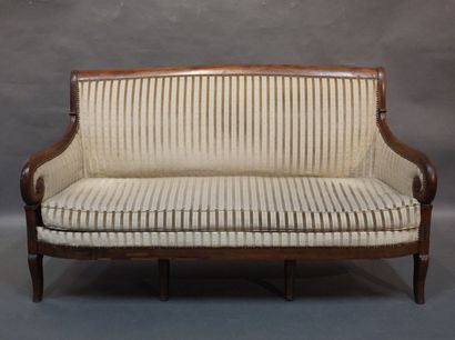 Canapé Sofa with mahogany crossbars, decorated with palmettes, upholstered in beige...