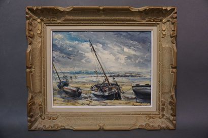 Jean GERMAIN (1900-?) "Bateaux sur la plage", huile sur panneau, sbd. 27x34,5 cm