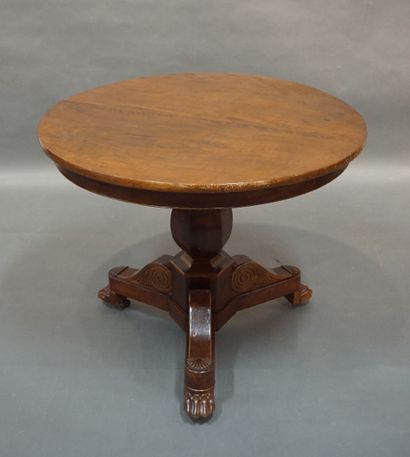 null Mahogany pedestal table with three claw feet. 19th century (missing). 74x90...