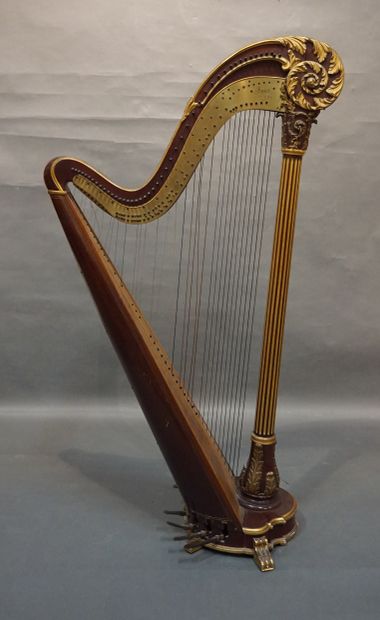 ERARD Mahogany and other wood veneer harp with gilded wood and bronze flutes and...