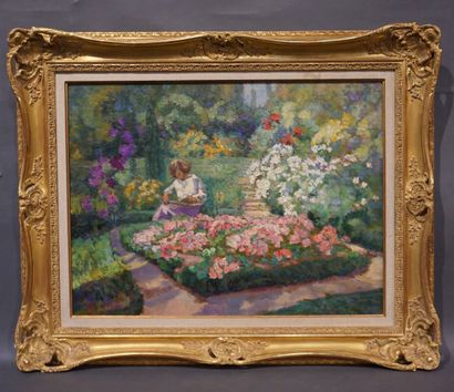 Victor CHARRETON (1864-1936) "Bibi au jardin, juin 1928", huile sur carton, sbd....