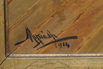 null "Le départ", huile sur toile, sbg (Mikiadys ?), daté 1914 (restaurations). 46x39...