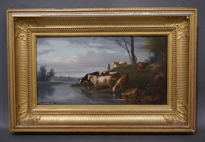 null Ecole XIXe: "Troupeau de vaches", huile sur panneau. 22x41 cm