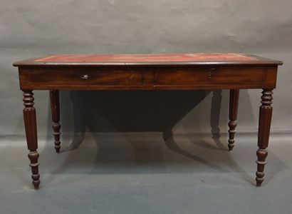 Bureau Plat Mahogany veneered flat desk with two drawers in belt and red leather...