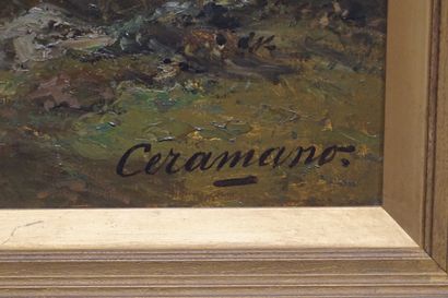 Charles Ferdinand CERAMANO (1829-1909) "Bergère et son troupeau", huile sur toile,...