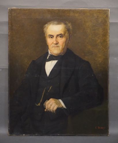 null Ecole fin XIXe: "Portrait d'homme à la chaine", huile sur toile, monogrammé...