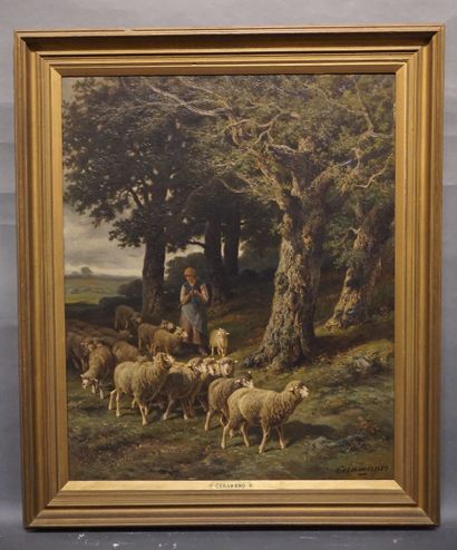 Charles Ferdinand CERAMANO (1829-1909) "Shepherdess and her flock", oil on canvas,...