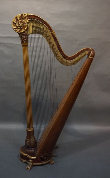 ERARD Mahogany and other wood veneer harp with gilded wood and bronze flutes and...