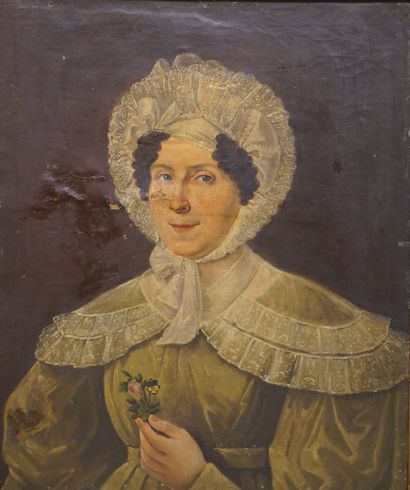 null Ecole XIXe: "Portrait de femme aux dentelles", huile sur toile (manques, usures,...