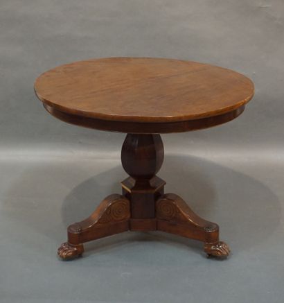 null Mahogany pedestal table with three claw feet. 19th century (missing). 74x90...