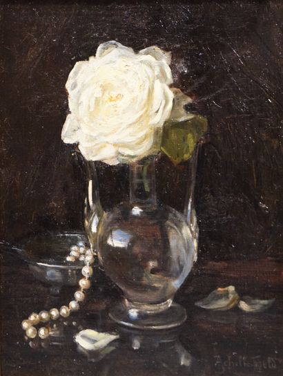 Achille FOULD (1868-?) "Still life with white roses and pearl necklace", oil on canvas,...