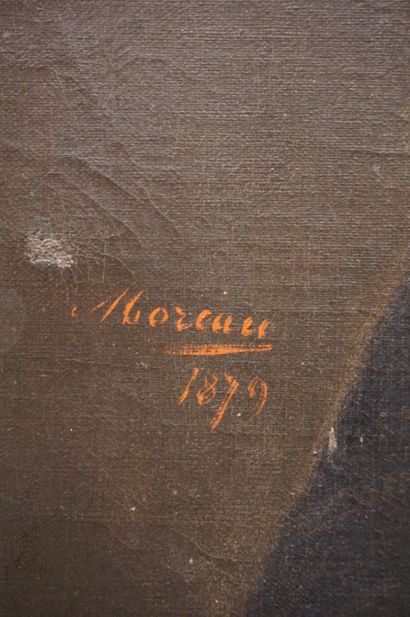 MOREAU Ecole fin XIXe: "Couple", paire d'huiles sur toile, sbg, daté 1879 (déchirures,...