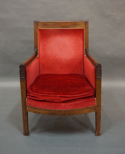 BERGÈRES Pair of bergères in natural wood with red velvet upholstery. 19th century....