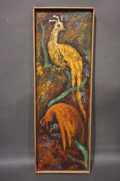 Ramírez Trois huiles sur toile: "Visages" et "Oiseaux" (60x20 cm), signées, daté...