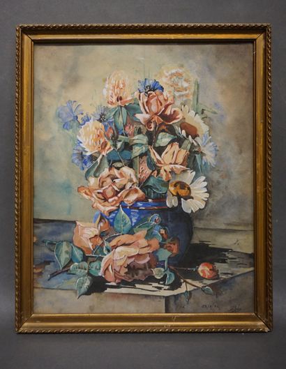 R. SOL "Bouquet de fleurs", aquarelle, sbd, daté 1932. 36x30 cm