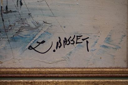 L. BASSET "Couple à Montmartre", huile sur toile marouflée sur panneau, sbd. 49x38...