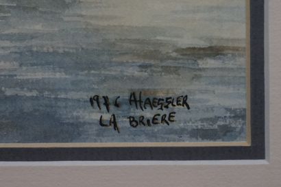 HESSLER "Rivière dans les marais de La Brière", aquarelle, sbd, daté 1976. 23x31...