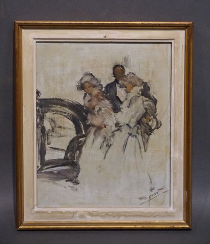 Pierre GRISOT (1911-1995) "Homme et deux élégantes", huile sur isorel, sbd. 27x22...