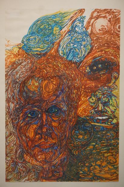 null Ecole XXe: "Visages", gouache. Attribué à Jicky Dussart. 54x35,5 cm