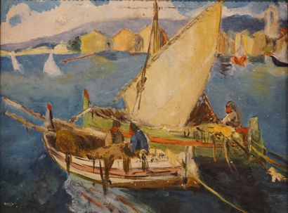 null Ecole XXe:"Pêcheurs au large de Saint-Tropez", huile sur isorel. 21,5x27 cm