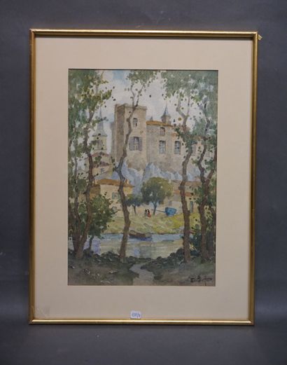 Ernest BERTHIER (1873-1967) 
"Château au bord de l'eau", aquarelle, sbd. 37,5x36...