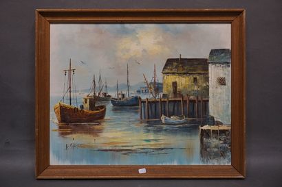 A. SIMPSON "Fishing boats at the quay", oil on canvas, sbg. 40x50 cm