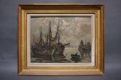 null "Voiliers au port", huile sur panneau, sbg. 27,5x35 cm